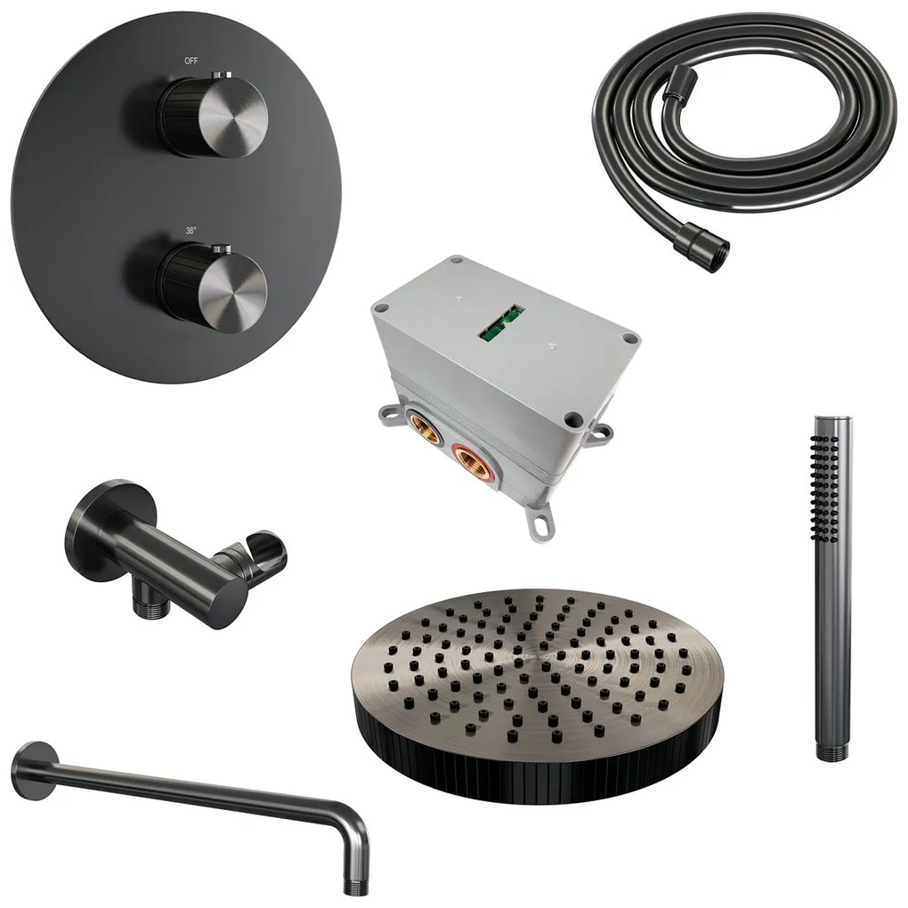Brauer Stripe inbouw regendouche rond met 25cm hoofddouche, gebogen muurarm en staafhanddouche set 38 gunmetal geborsteld PVD
