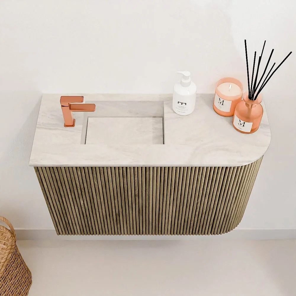 Mondiaz Joya DLux 60cm toiletmeubel ronding rechts dusk met wastafel faye links 1 kraangat ostra