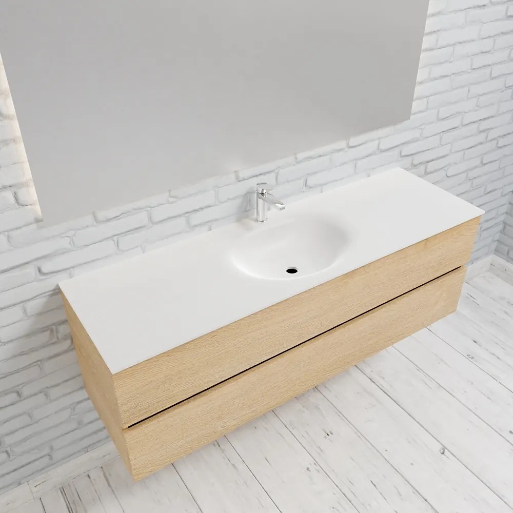 Zaro Sevilla Solid Surface badmeubel 150cm licht eiken 1 kraangat spoelbak midden met 2 lades