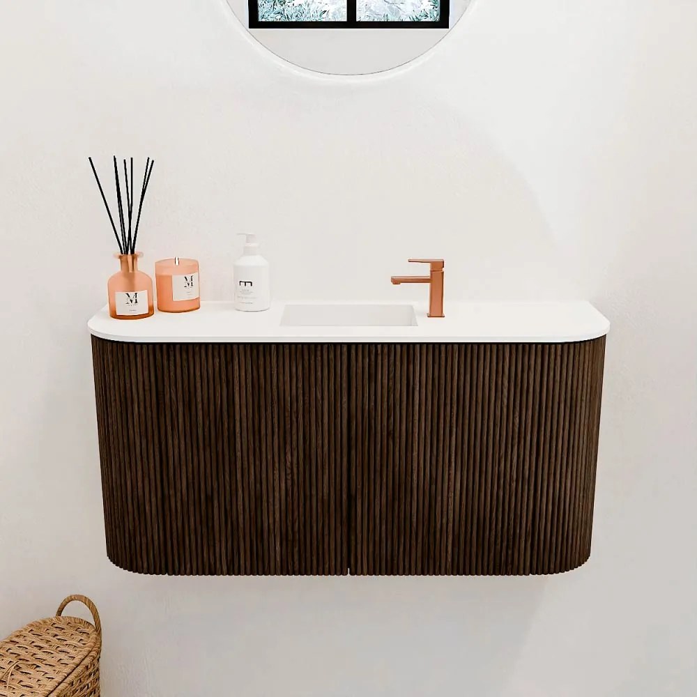 Mondiaz Joya 85cm toiletmeubel ronding links/rechts walnut met wastafel faye midden 1 kraangat talc