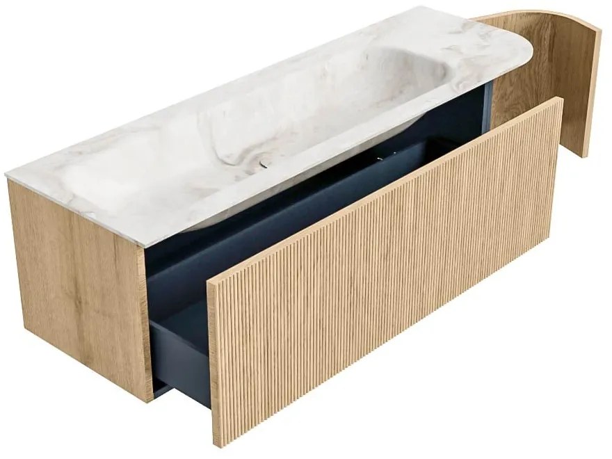 Mondiaz Kurve-dlux 145cm badmeubel ronding rechts oak met 1 lade en deur en wastafel big large links 2 kraangaten frappe