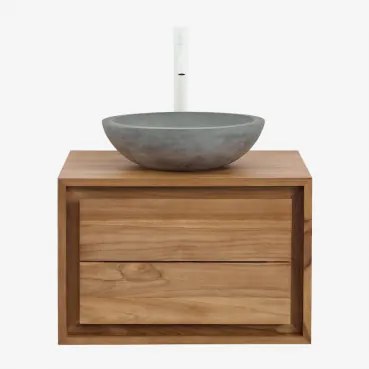 Jabari Zwevend Badkamermeubelset Van Teakhout Teakhout & Rond Grijs Cement Ø40 Cm Tarsis & Spiegelloze & Wit ↑30 Cm Met - Sklum