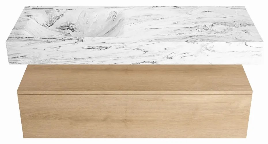 Mondiaz Alan DLux badmeubel 120cm washed oak 1 lade met wastafel glace links zonder kraangat