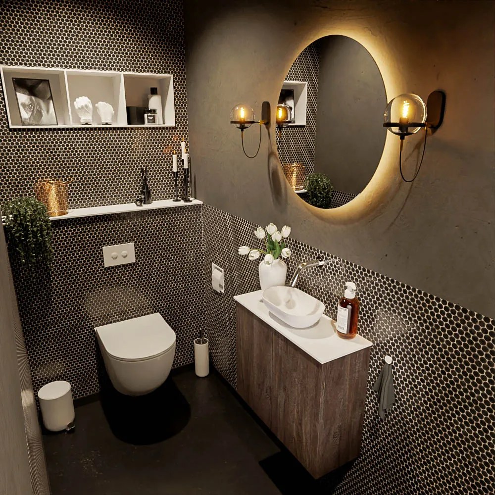 Mondiaz Fowy toiletmeubel 60cm dark brown met witte waskom midden zonder kraangat