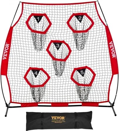 VEVOR Football Coach Throwing Net Practice Net (208 x 91 x 189 cm) met 5 doelvakken, draagbare opbergtas, banden en knooploos net, voor quarterback-passtraining, rood