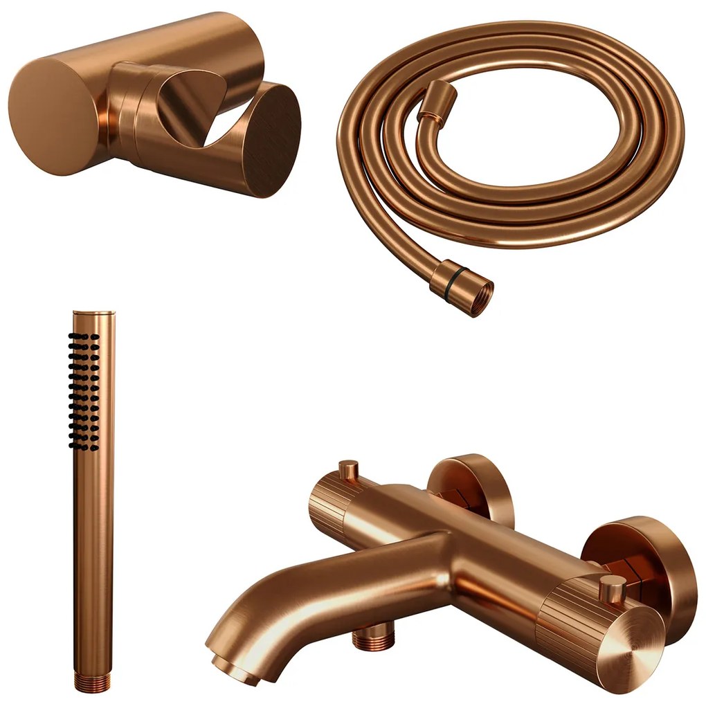 Brauer Stripe thermostatische badkraan met wandhouder en staafhanddouche koper geborsteld PVD