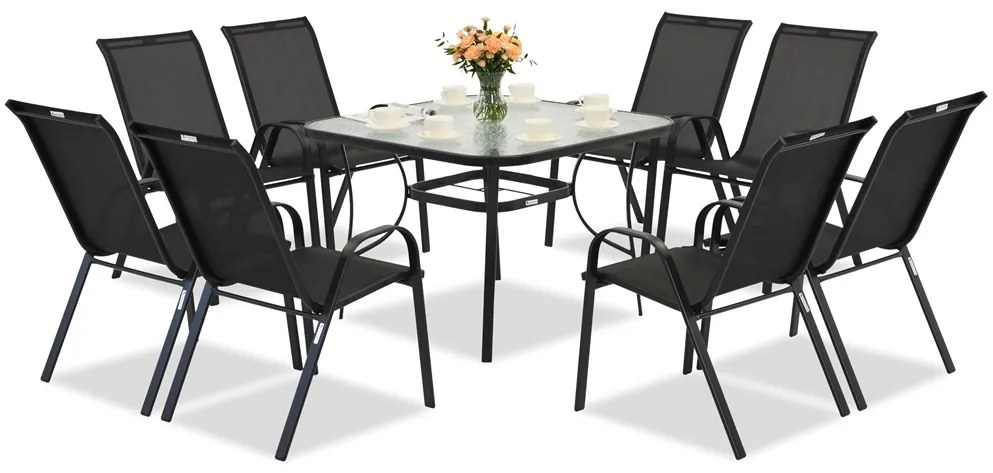 Modena zwart metalen tuinset voor 8 personen met Garden Point vierkante tafel