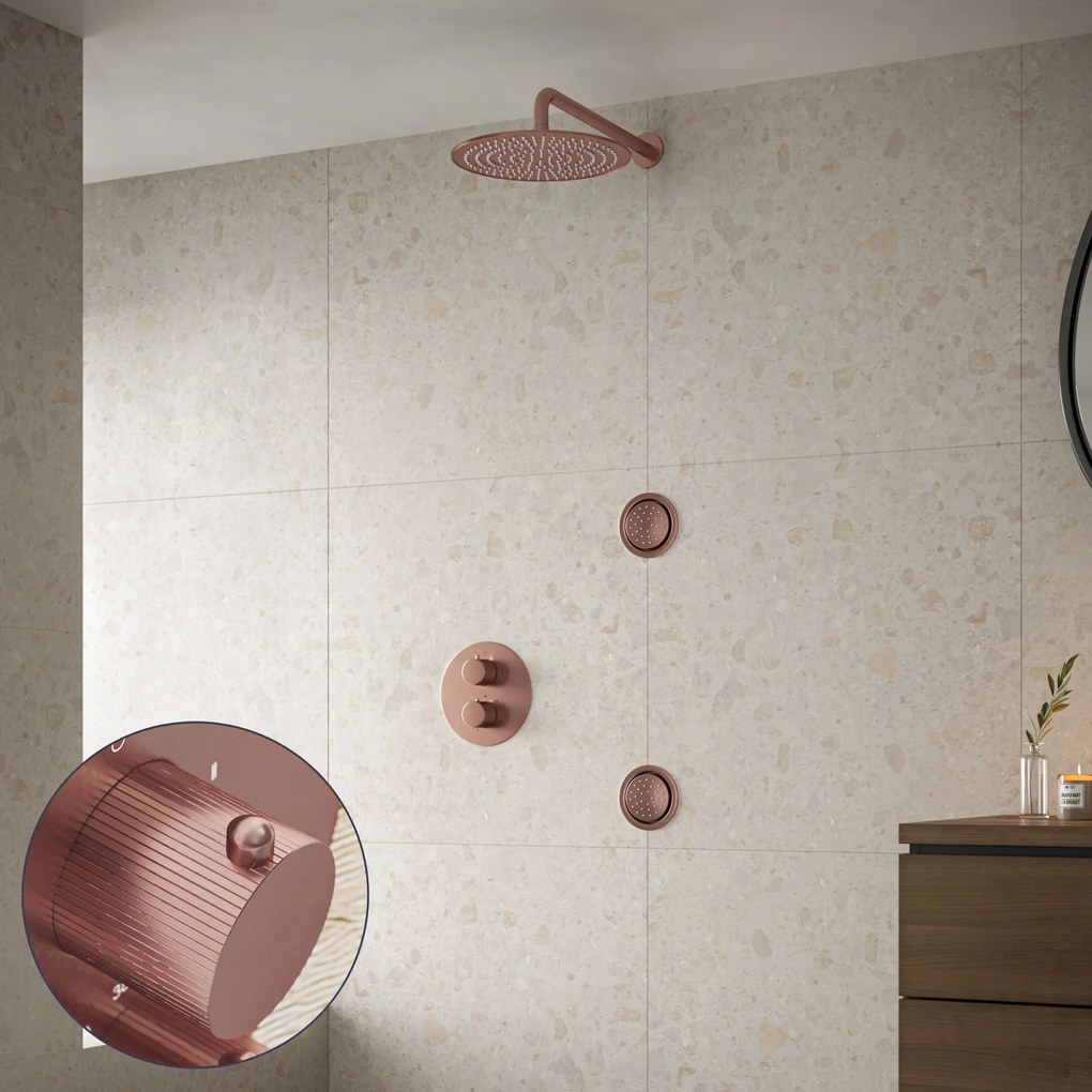 Saniclear Copper Stripes inbouw regendouche 20cm met ronde massagejets en muurarm geborsteld koper
