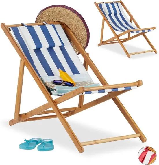 Strandstoel set van 2 - ligstoel - kampeerstoel - tuinstoel - gestreept - bamboe blauw-strip