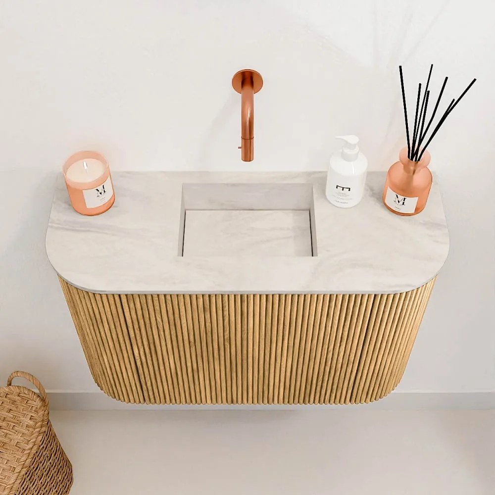 Mondiaz Joya DLux 65cm toiletmeubel ronding links/rechts oak met wastafel faye midden zonder kraangat ostra