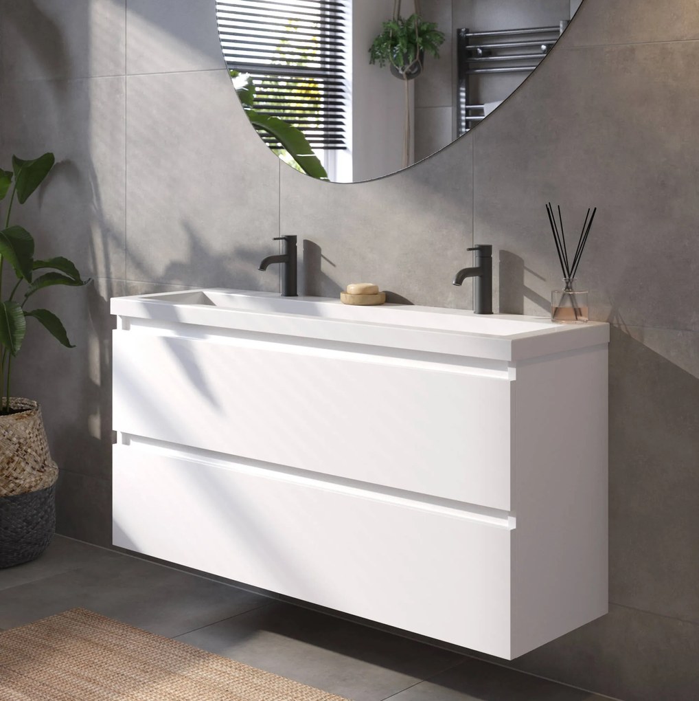 Saqu Gaia ondiep badmeubel incl. glans witte wastafel met 2 kraangaten 120x40x64cm glans wit – witte greeplijst