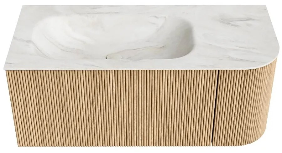 Mondiaz Kurve-dlux 105cm badmeubel ronding rechts oak met 1 lade en deur en wastafel big small kraangat links ostra