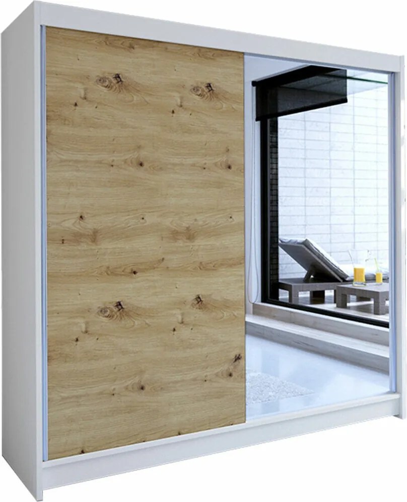 Kledingkast Closico Cavaris I, Artisan eiken, Wit, 215x180x58cm, 150 kg, Kledingkast deuren: Schuivend, Aantal planken: 5, Aantal planken: 5