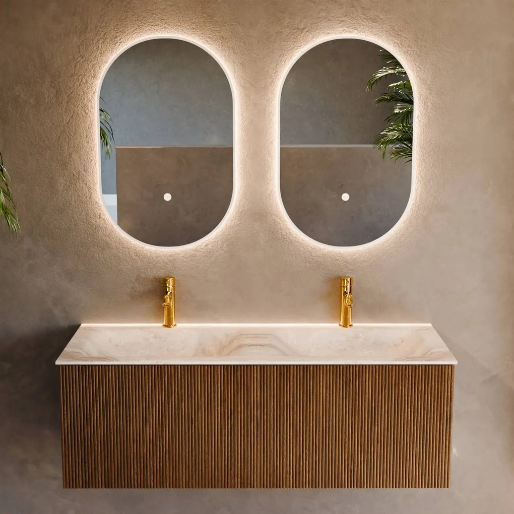 Mondiaz Kurve-dlux 120cm badmeubel dusk met 1 lade en wastafel leaf dubbel 2 kraangaten frappe