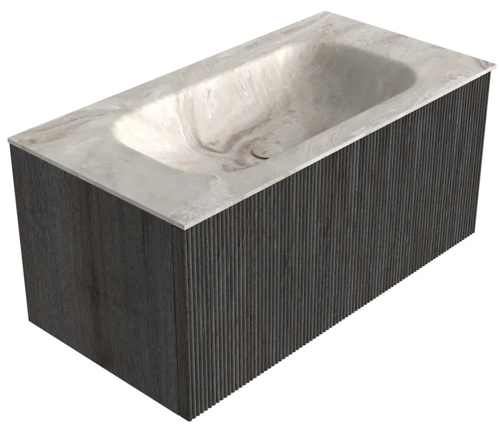 Mondiaz Kurve-dlux 90cm badmeubel shadow met 1 lade en wastafel big small midden zonder kraangat frappe