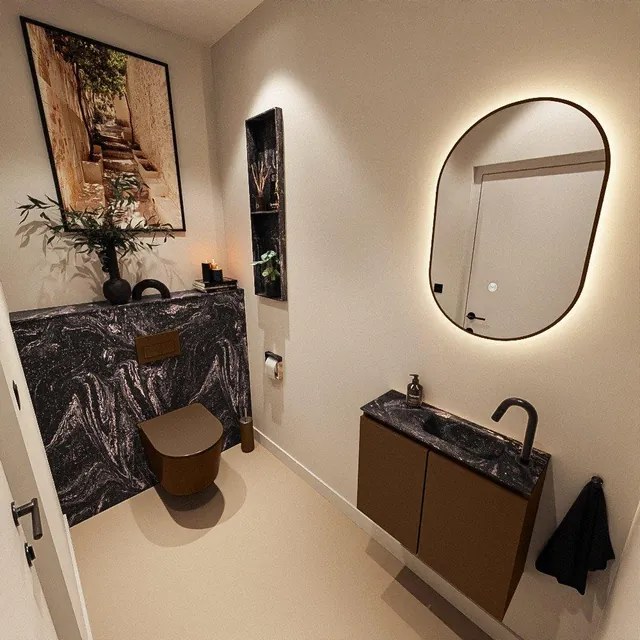 MONDIAZ TURE-DLUX 60cm toiletmeubel Rust. EDEN wastafel Lava positie rechts. Met 1 kraangat. TUREDX60RUSR1LAV