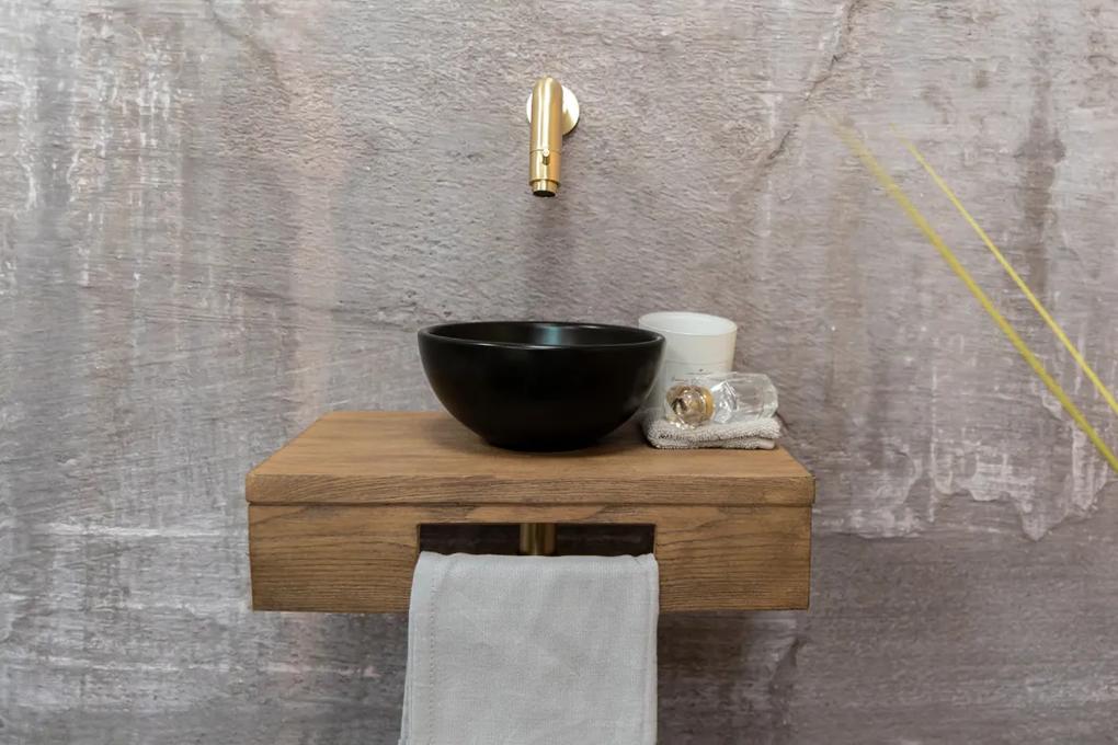 Saniclear Seba fonteinset met bruin eiken plank, zwarte waskom en gouden kraan voor in het toilet
