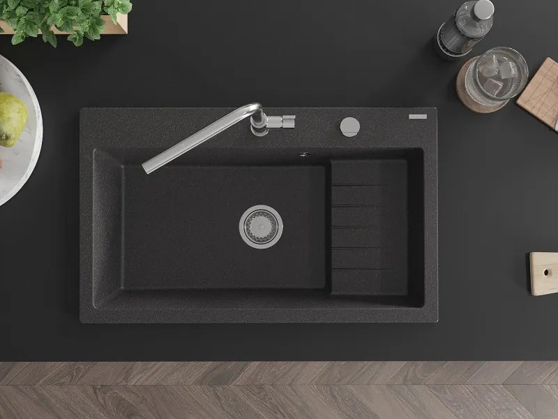 Mexen Omar granieten gootsteen, 1-komors, 800 x 480 mm, zwart gespikkeld, sifon chroom - 6520801005-76