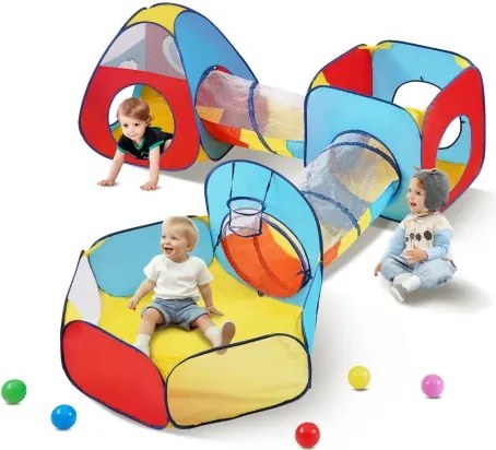 VEVOR 5-in-1 speeltent met tunnel, basketbalring voor jongens, meisjes, baby's en kinderen, opvouwbaar speelhuis voor binnen en buiten met draagtas en spanbanden, verjaardagscadeau, rood/geel/blauw