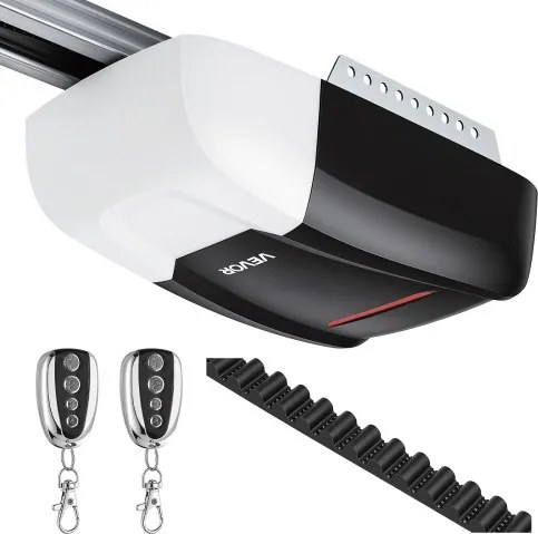 VEVOR Garagedeuropener 800 N, ultrastille riemaandrijving, voor privégarages, 4-delig railsysteem, 2 handzenders en LED-verlichting, bediening met één knop vanuit de auto, zwart-wit