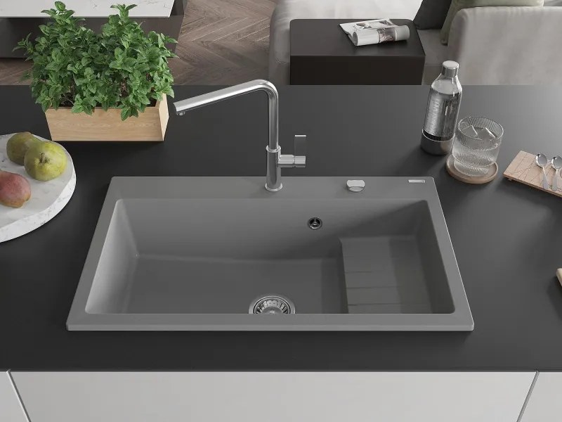 Mexen Omar granieten spoelbak 1-komers 800 x 480 mm, grijs, sifon chroom - 6520801005-71