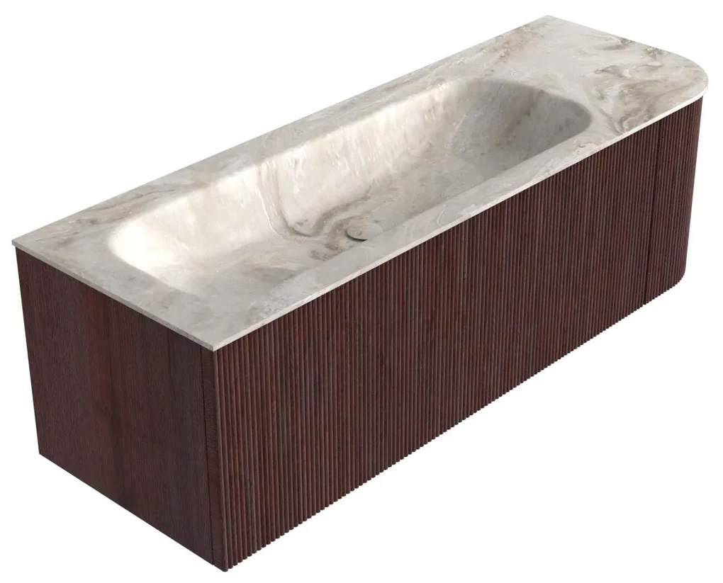 Mondiaz Kurve-dlux 135cm badmeubel ronding rechts ruby met 1 lade en deur en wastafel big medium links zonder kraangat frappe