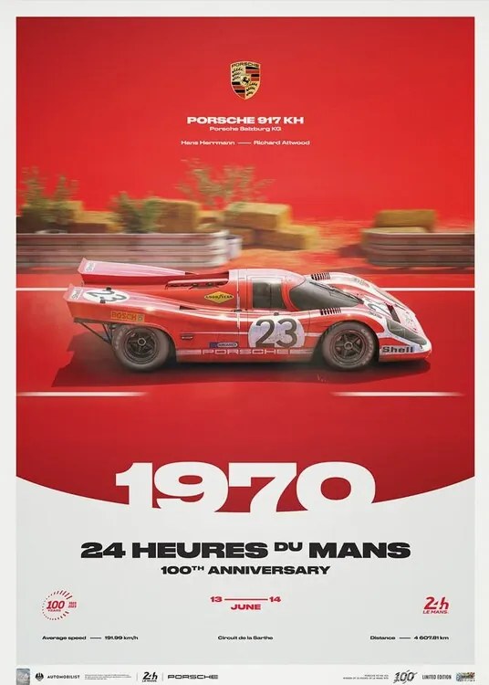 Kunstdruk Porsche 917 KH - 24h Le Mans - 100th Anniversary - 1970, Automobilist