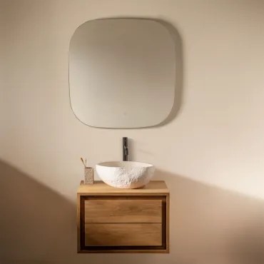 Jabari Teakhouten Badkamermeubelset Teakhout & Onregelmatige In Wit Cement ↔︎40 Cm Fedro & Vierkant Led En Anticondens 75x75 - Sklum
