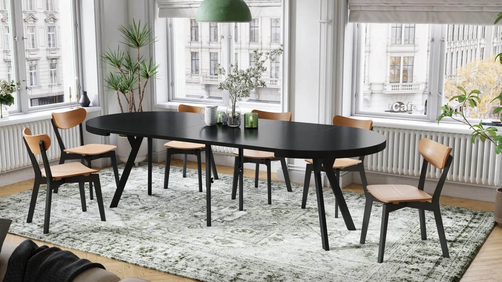 EXPANSO Czarny Mat/zwarte poten - GROTE RONDE TAFEL Ø110 UITBREIDBAAR TOT 310 cm met Y-POTEN LOFT/INDUSTRIAL