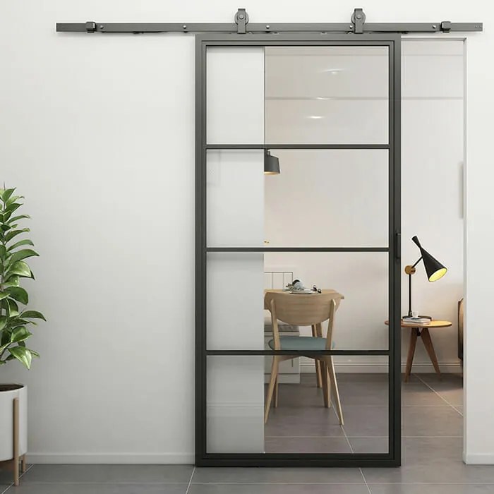 Stalen Schuifdeur - 4-vaks Met Helder Glas - Zwart - Incl. Rails