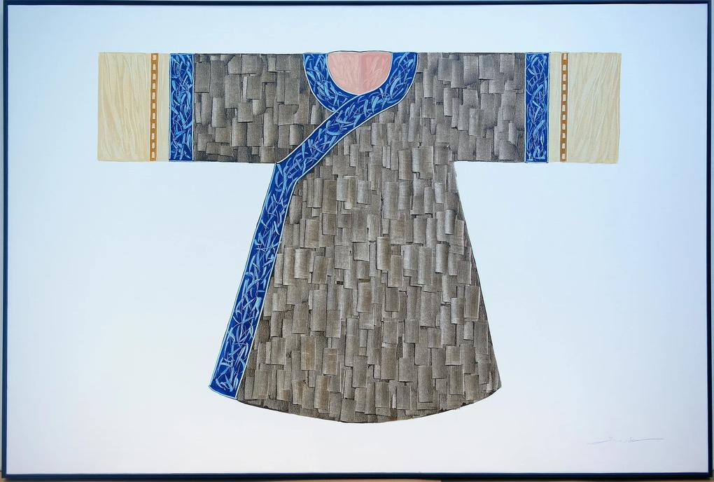 Fine Asianliving Olieverf Schilderij 100% Handgeschilderd 3D met Reliëf Effect en Zwarte Omlijsting 150x100cm Kimono Blauw Naturel
