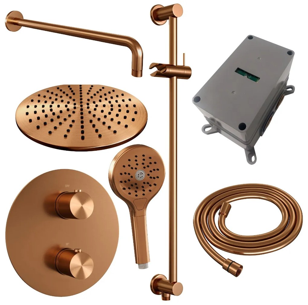 Brauer Copper Edition thermostatische inbouw regendouche met 3 standen handdouche, gebogen muurarm, glijstang en hoofddouche 30cm set 94 koper geborsteld PVD