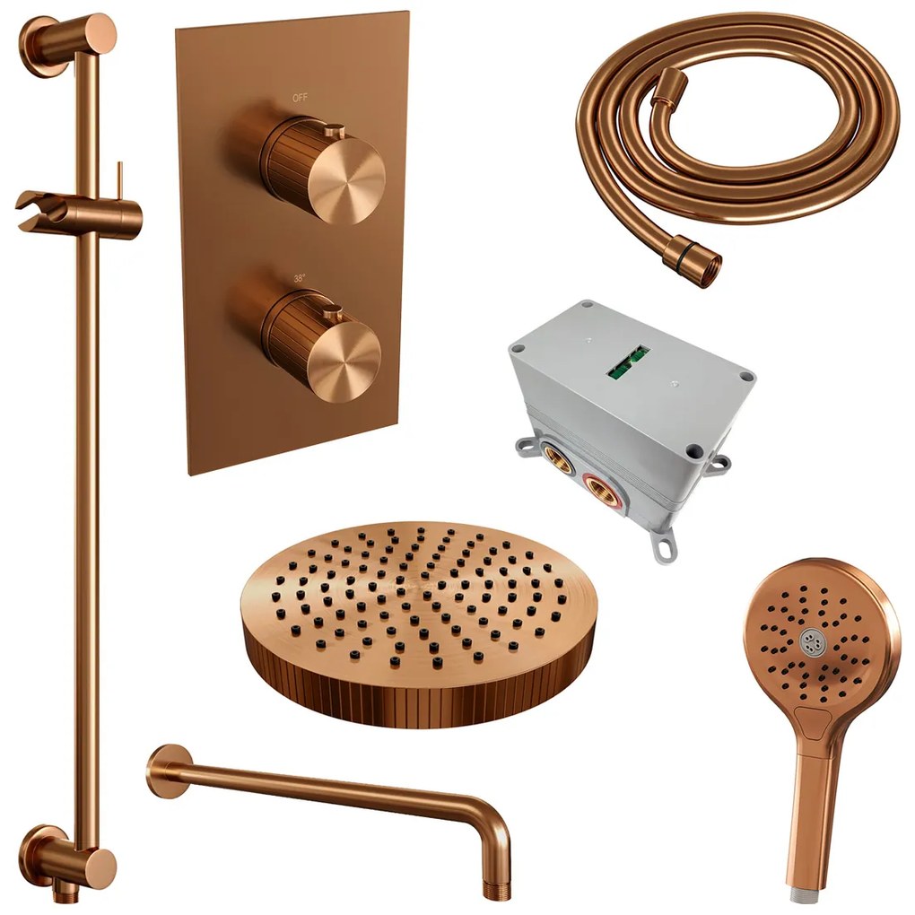 Brauer Stripe inbouw regendouche met 25cm hoofddouche, met gebogen muurarm, glijstang en 3 standen handdouche set 23 koper geborsteld PVD
