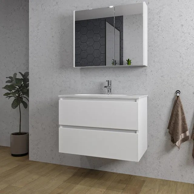 Adema Chaci Badkamermeubelset - 80x46x57cm - 1 ovale keramische wasbak wit - 1 kraangat - 2 lades - Spiegelkast - mat wit SW1212766/SW1212816/SW812070/SW718717