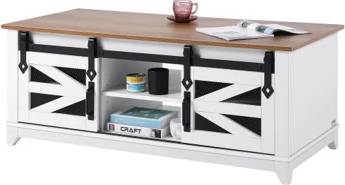 VEVOR salontafel in boerderijstijl, rechthoekige salontafel met 2 schuifdeuren, draagvermogen 68 kg, 2-laags rustieke cocktailtafel met verwijderbare planken voor woonkamer/slaapkamer