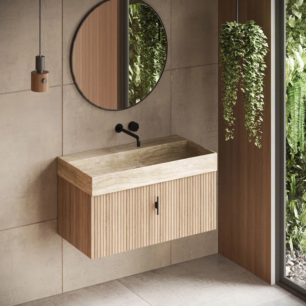 Muebles Zahora badmeubel ribbelfront 100cm naturel eiken met White Travertin wastafel zonder kraangat