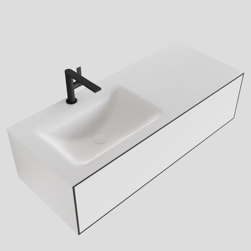 Zaro Lagom volledig naadloos solid surface onderkast 110cm mat zwart met 1 lade Push tot open. Compleet met solid surface wastafel met 1 kraangat(en)