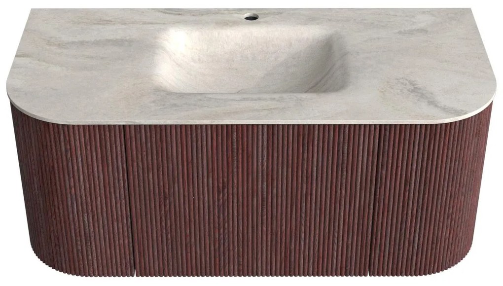 Mondiaz Kurve-dlux 100cm badmeubel ronding links/rechts ruby met 1 lade en 2 deuren en wastafel grunne midden 1 kraangat ostra