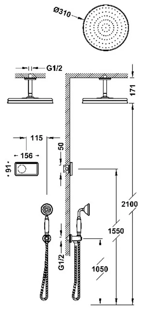 Tres Shower Technology Clasic elektronische inbouwthermostaat met regendouche en handdouche plafondmontage goud