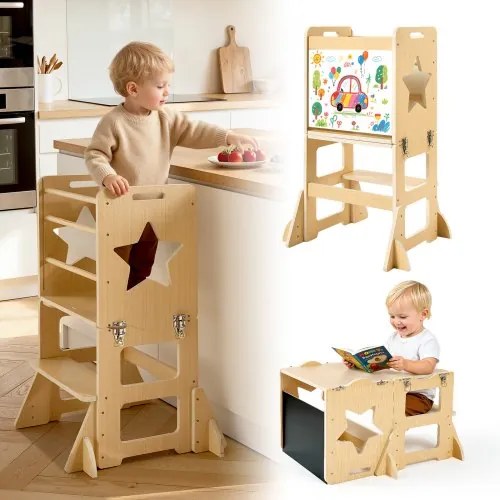 VEVOR Leertoren voor kinderen van 1-5 jaar, 4-in-1 leerstoel, Montessori tafel- en stoelset, houten kinderopstapje, Montessori Leertoren met krijtbord, kindermeubels voor badkamer en keukenblad