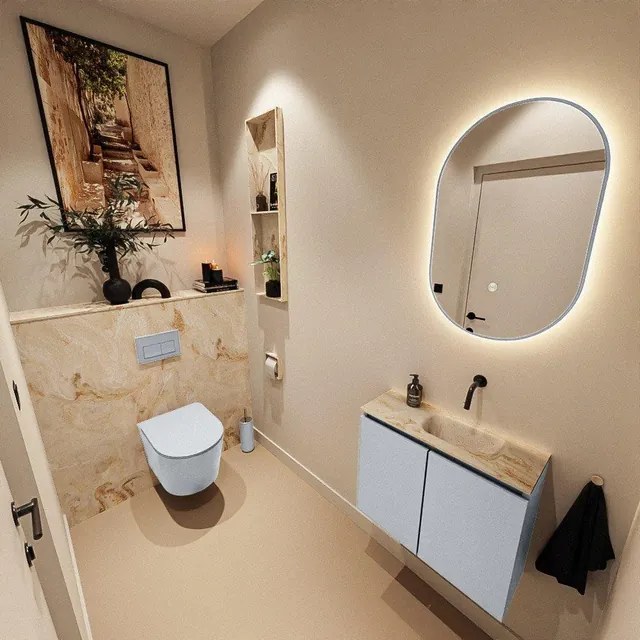 MONDIAZ TURE-DLUX 60cm toiletmeubel Clay. EDEN wastafel Frappe positie rechts. Zonder kraangat. TUREDX60CLAR0FRA