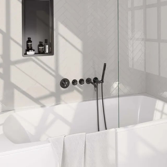 Brauer Gunmetal Carving Badkraan Inbouw - douchegarnituur - 20cm uitloop - met inbouwdeel - 3 carving knoppen - handdouche staaf 1 stand - PVD - geborsteld gunmetal 5-GM-093