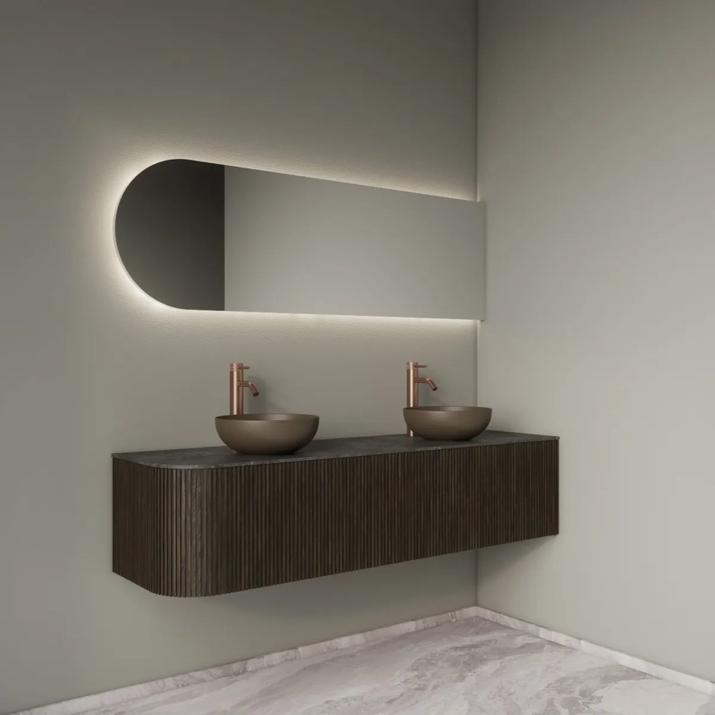 Gliss Design Alluro badmeubel ribbelfront met ronding links 160cm charcoal en zwart leisteen toppaneel
