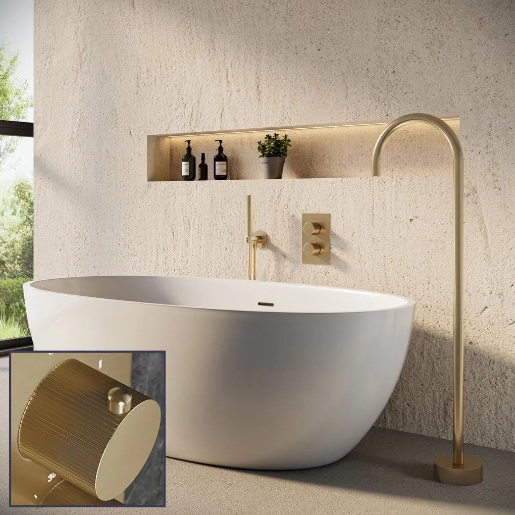 Saniclear Brass Stripes inbouw badkraan met vrijstaande uitloop geborsteld messing - mat goud