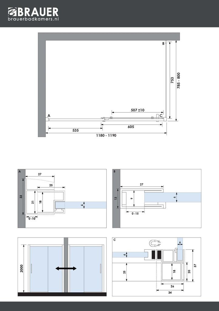 Brauer Season douchecabine met schuifdeur 120x80cm zwart mat