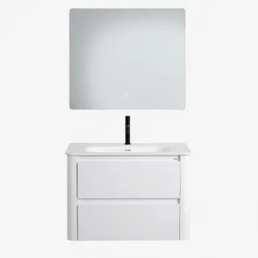 Badkamermeubelset In Hout Met Geïntegreerde Wastafel Egerton Wit & Rechthoekige Led En Anticondens 80x70 Cm Gualar & Zwart ↑20 - Sklum
