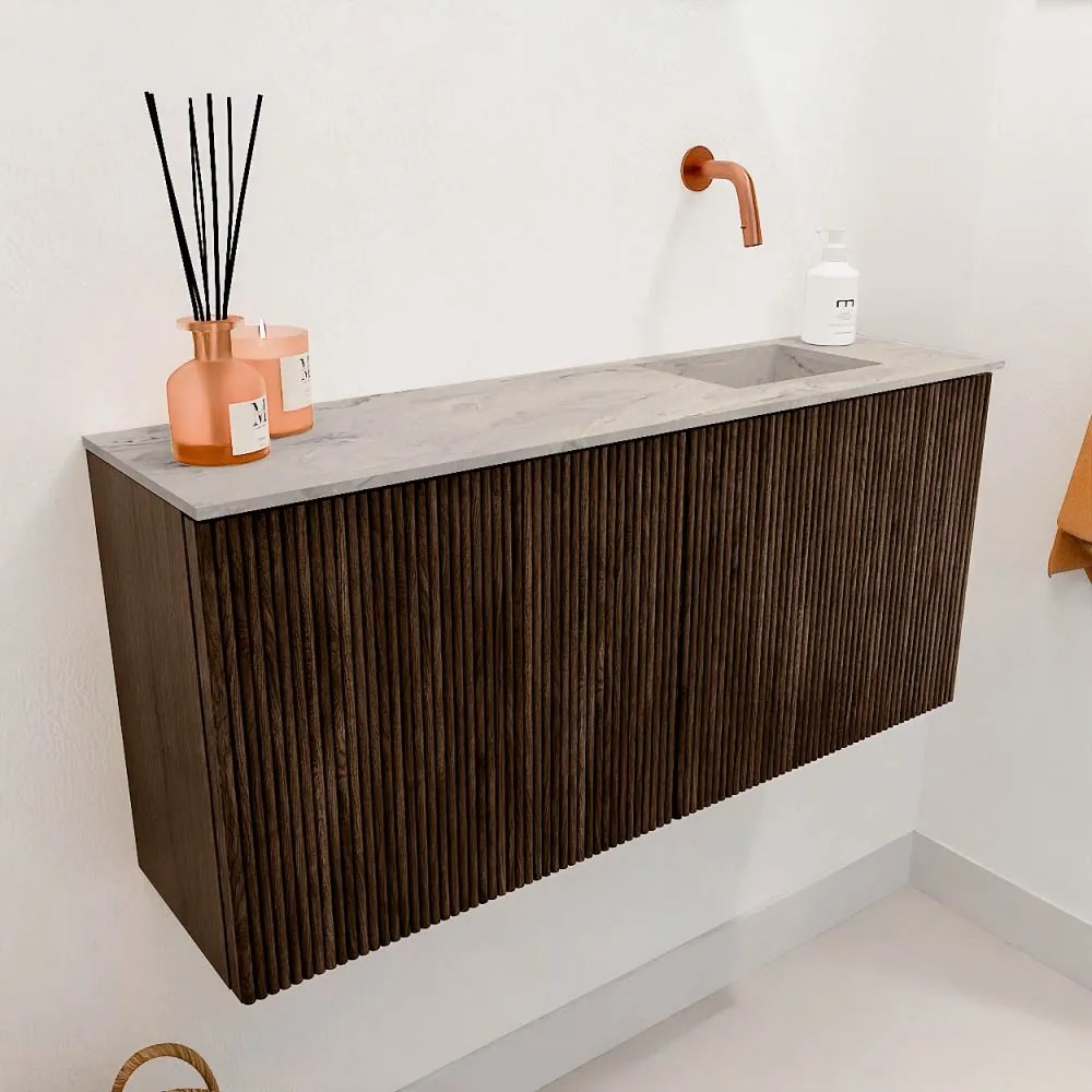 Mondiaz Joya DLux 90cm toiletmeubel walnut met wastafel faye rechts zonder kraangat glace