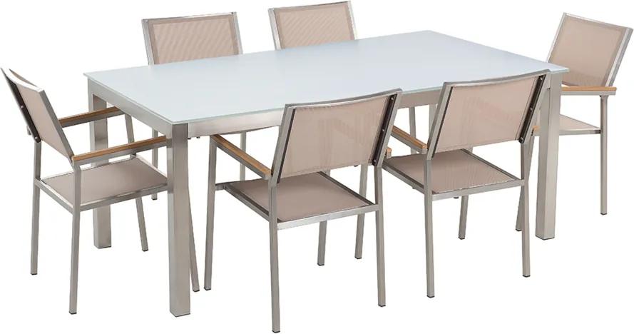 Tuinset glas/RVS wit enkel tafelblad 180 x 90 cm met 6 stoelen beige GROSSETO