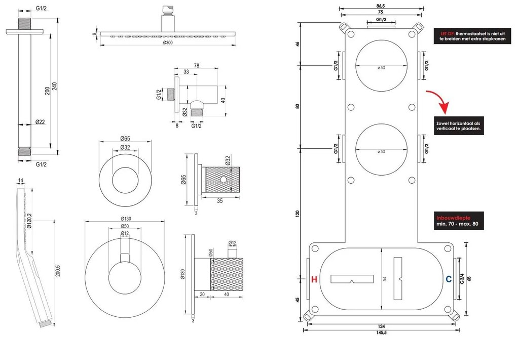 Brauer Black Carving complete inbouw regendouche set 12 met 30cm douchekop, plafondarm en 3 standen handdouche mat zwart