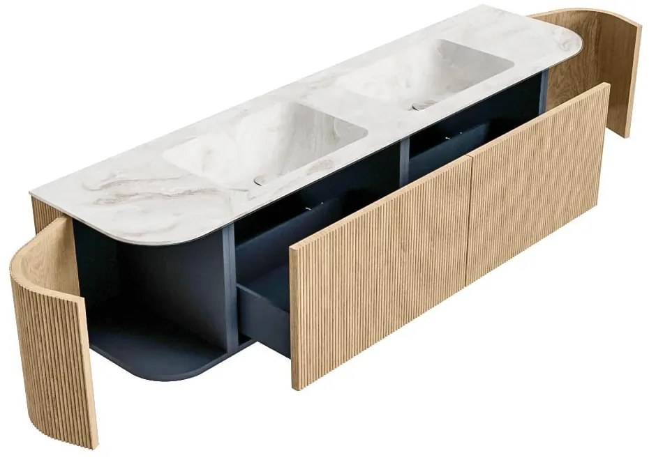 Mondiaz Kurve-dlux 180cm badmeubel ronding links/rechts oak met 2 lades en deuren en wastafel leaf dubbel 2 kraangaten frappe